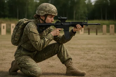 Female Soldier Kneeling With Rifle At Shooting Range