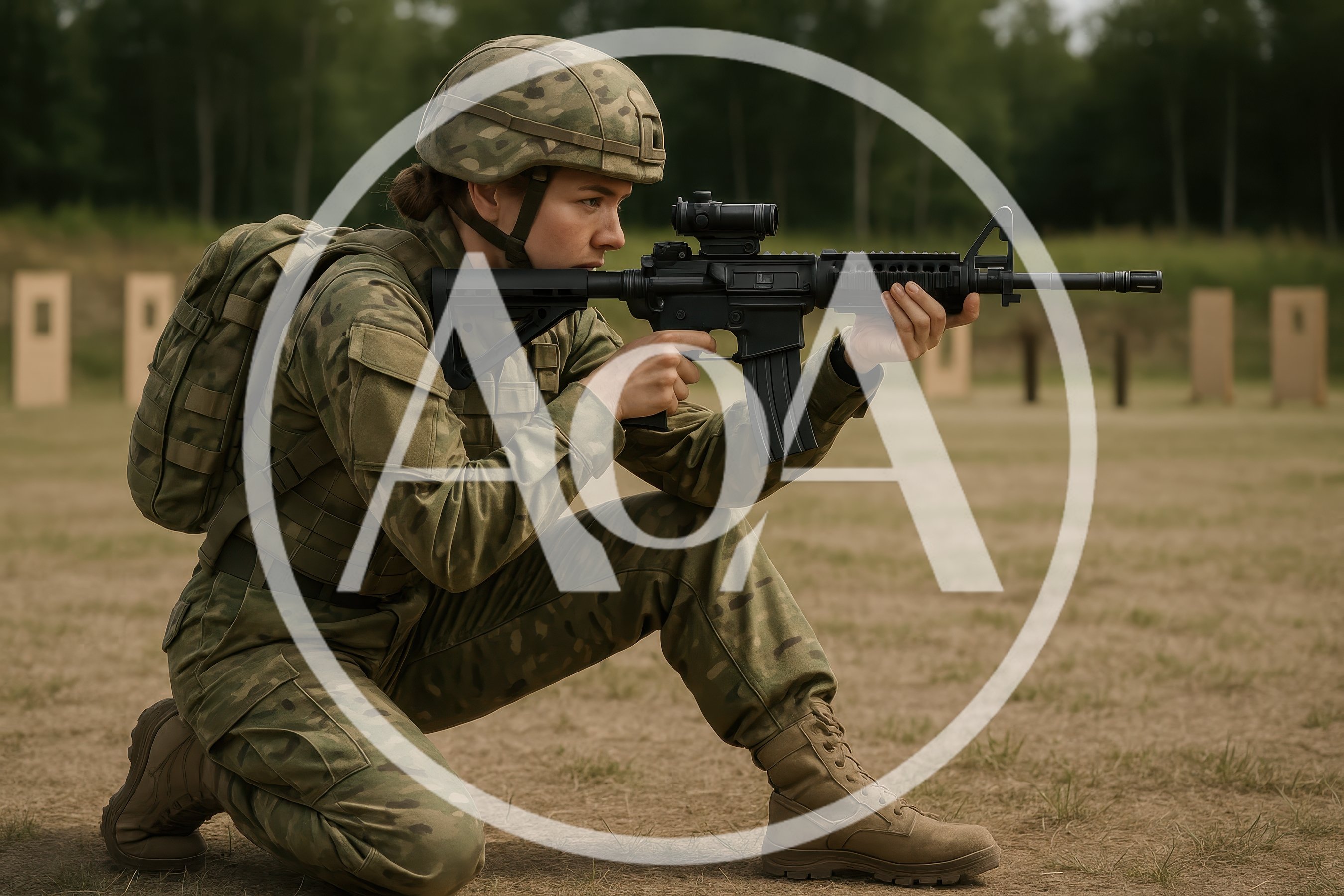 Female Soldier Kneeling With Rifle At Shooting Range