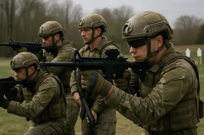 Soldiers In Tactical Gear Training With Rifles