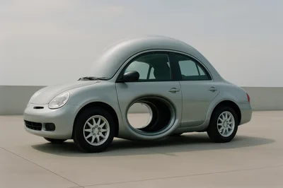 Surreal Silver Car With A Large Hole In Door
