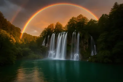 Stunning Waterfall Cascading Into A Turquoise Lake With Rainbow