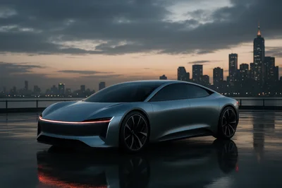 Futuristic Electric Concept Car Parked Against City Skyline