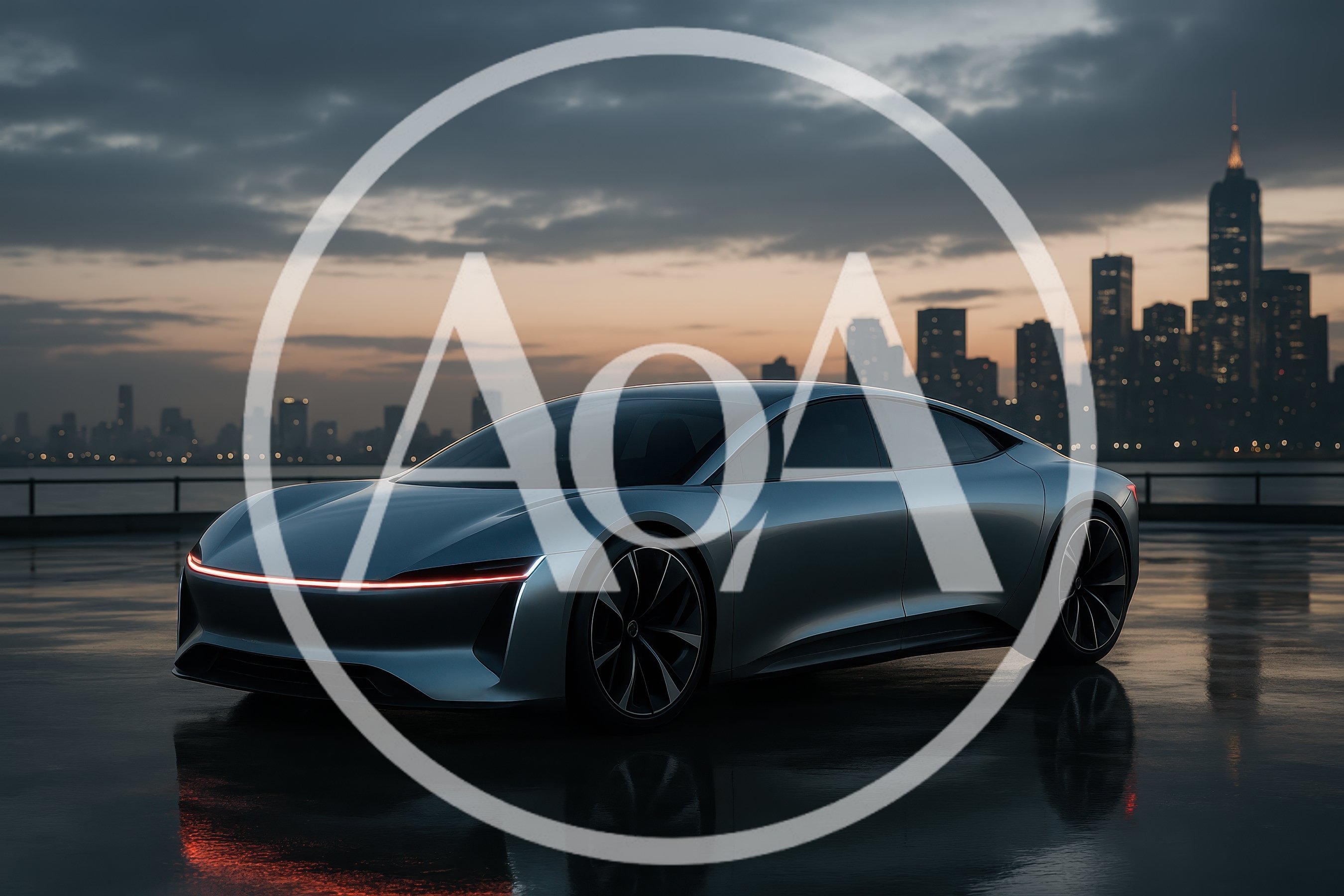 Futuristic Electric Concept Car Parked Against City Skyline