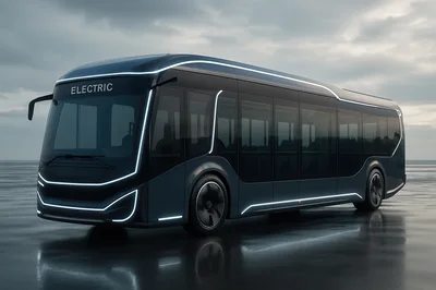 Futuristic Electric Bus Concept on Wet Asphalt