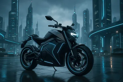 Futuristic Electric Motorcycle Parked In Cyberpunk City
