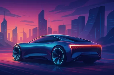 Futuristic Sports Car Driving Through Neon Cityscape