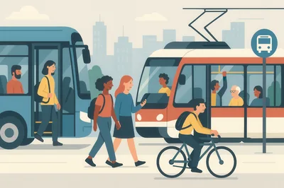Commuters Using Public Transportation In A Modern City