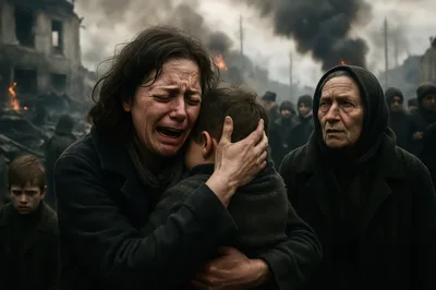 Distraught Mother Embracing Child Amidst War Torn Ruins