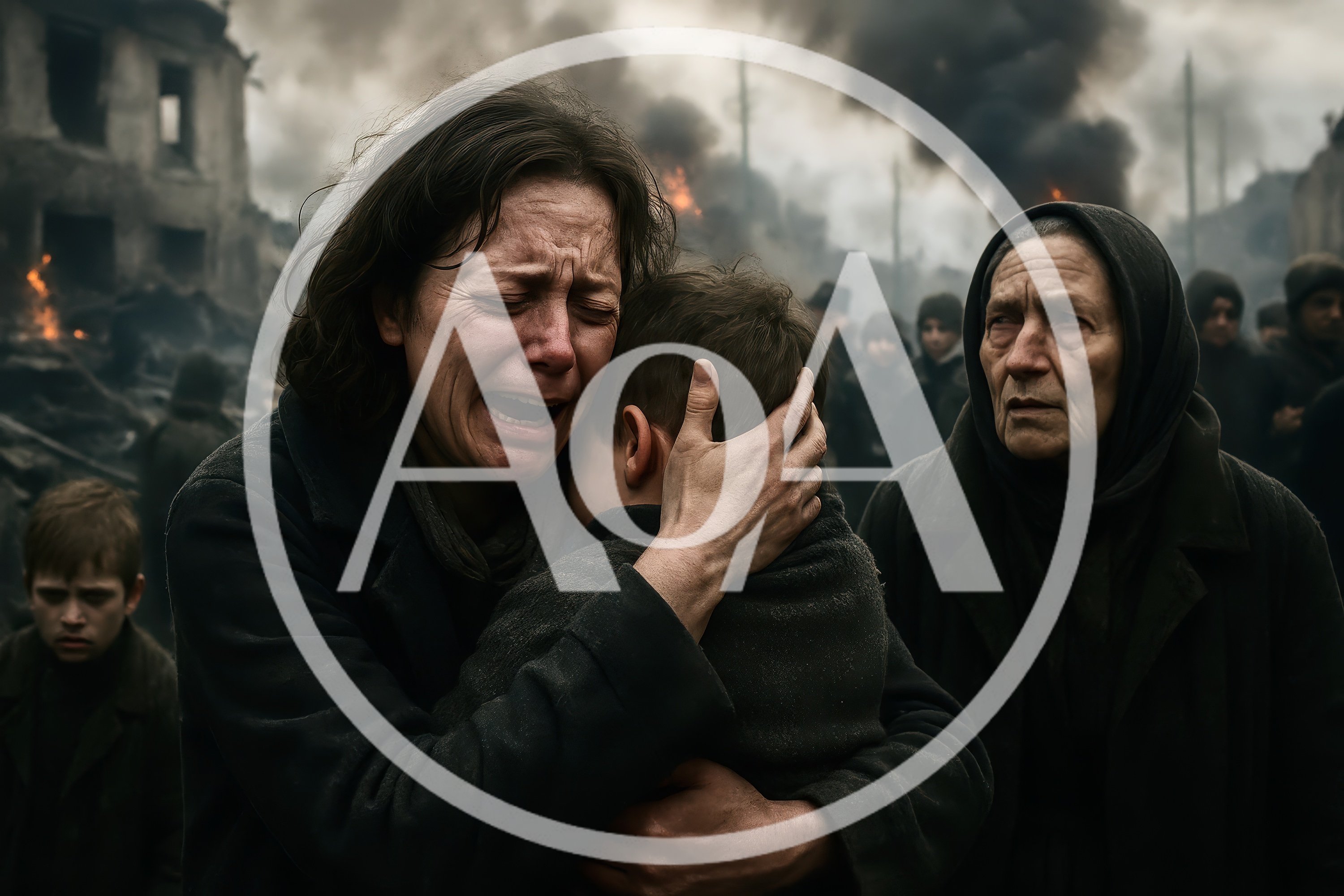 Distraught Mother Embracing Child Amidst War Torn Ruins