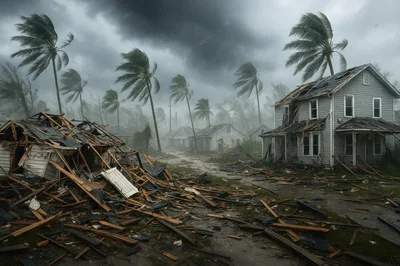 Devastating Hurricane Damage To Residential Neighborhood