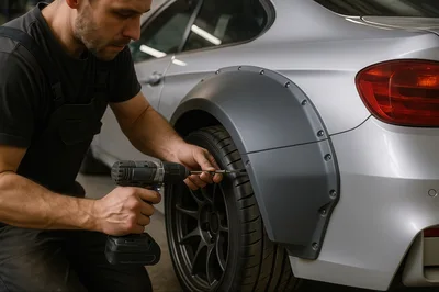 Mechanic Installing Wide Body Fender Kit On Car