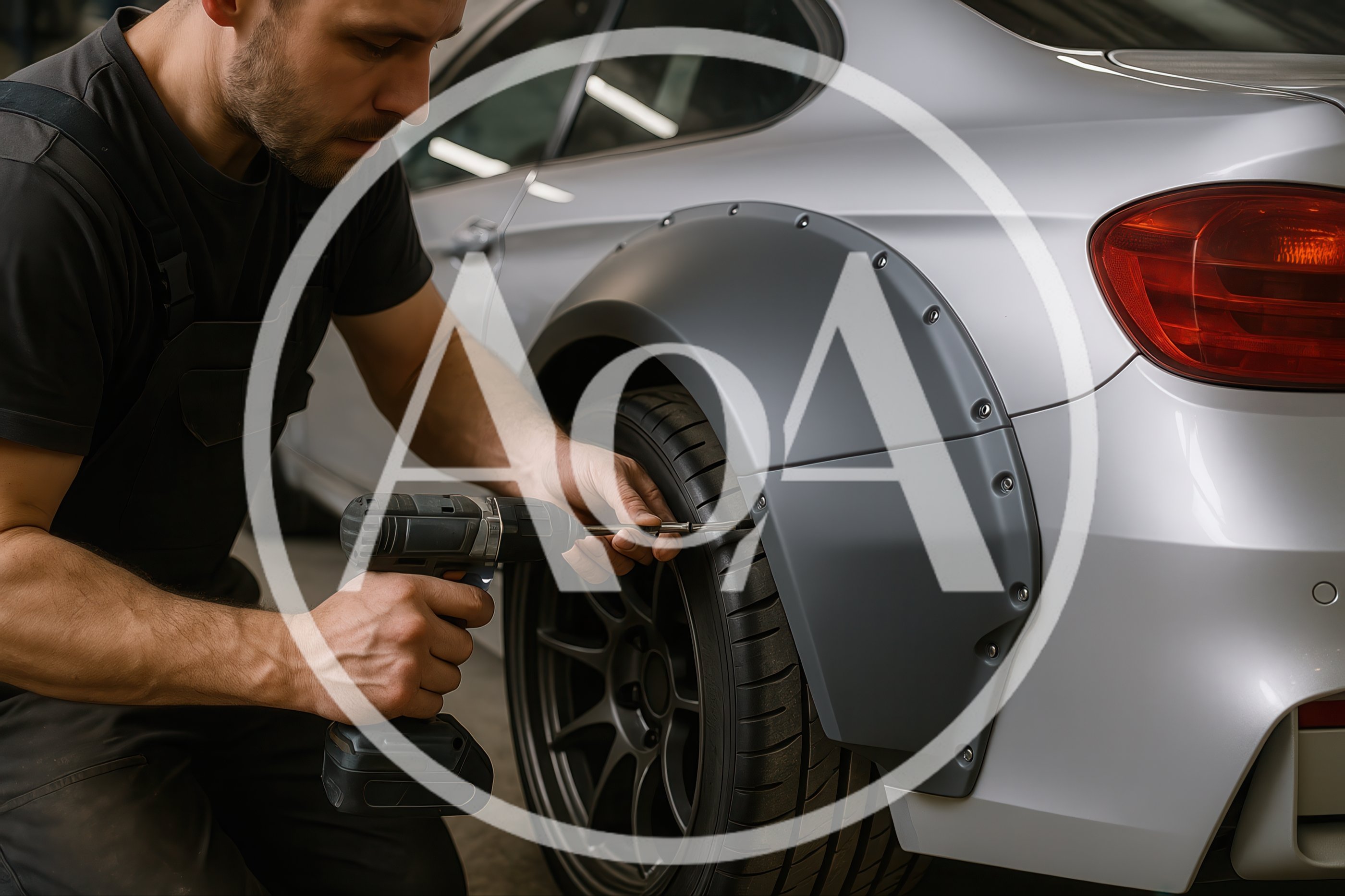 Mechanic Installing Wide Body Fender Kit On Car