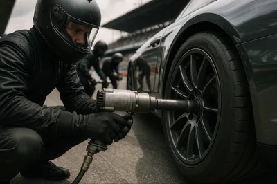 Pit Crew Member Changing Tire With Impact Wrench