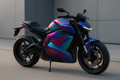 Iridescent Electric Sportbike Parked On Concrete