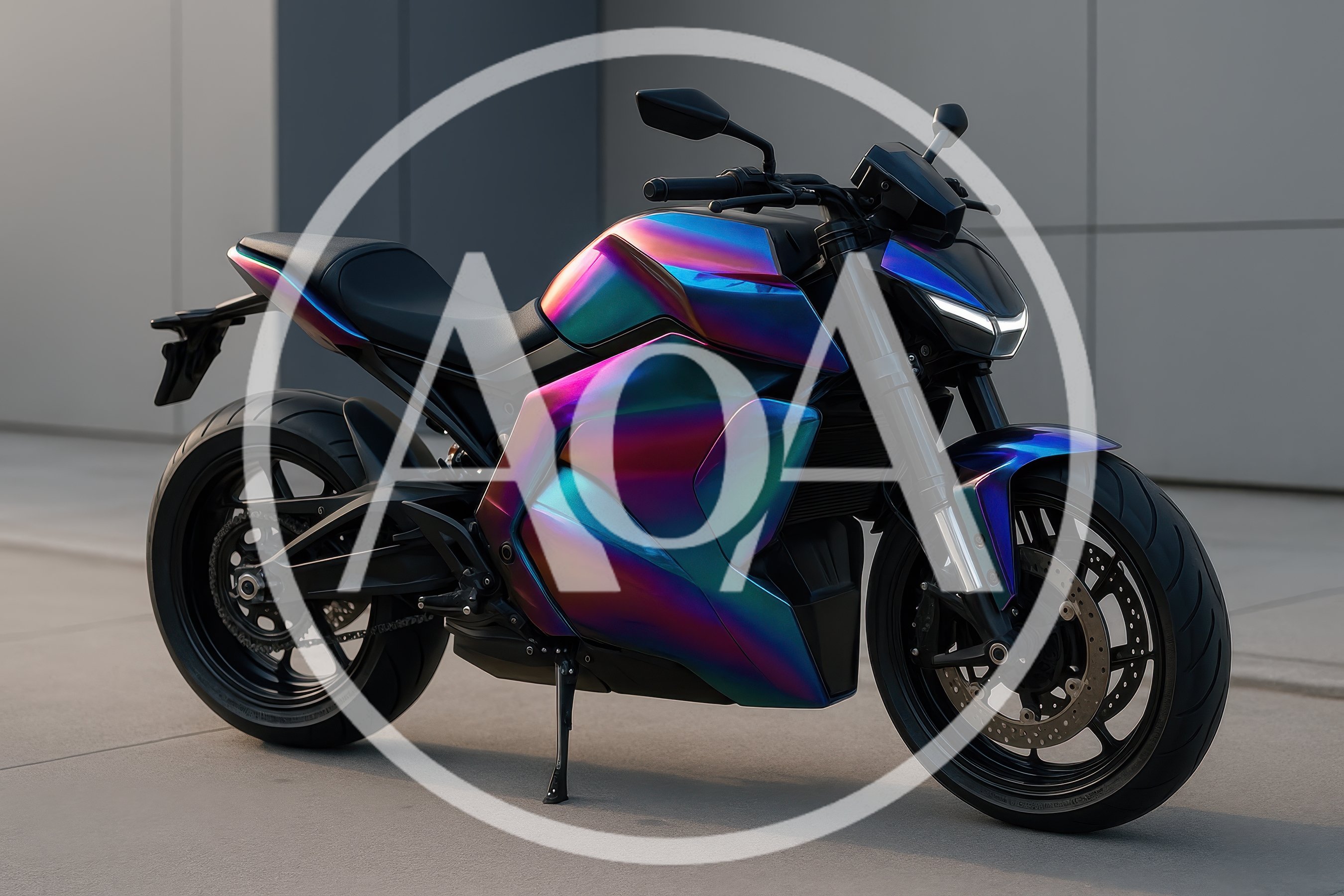 Iridescent Electric Sportbike Parked On Concrete