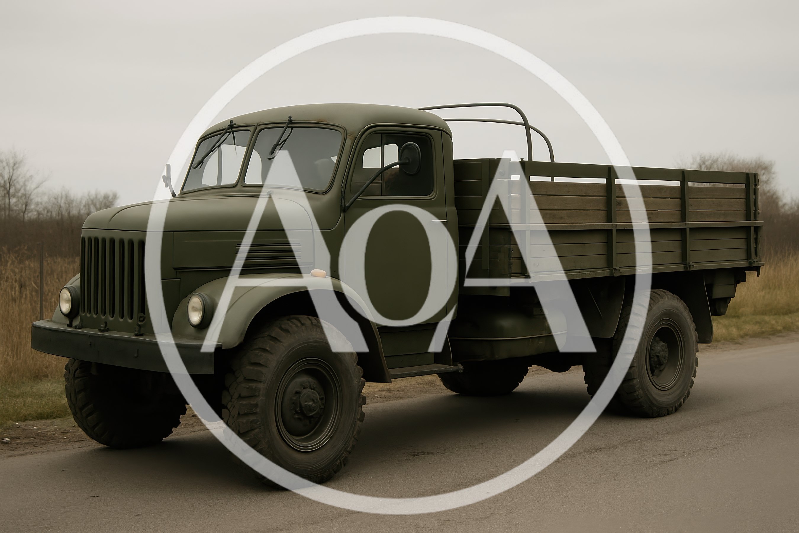 Vintage Military Cargo Truck Parked On Rural Road