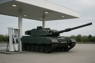 Military Tank Refueling At A Modern Gas Station