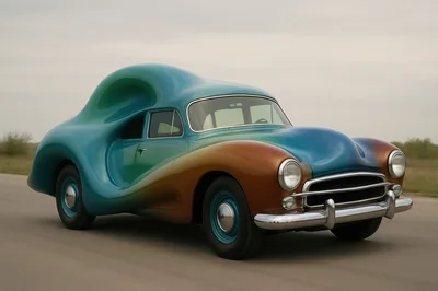 Surreal Custom Vintage Car Driving on Road