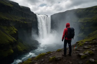 Hiker Standing Before Skogafoss Waterfall in Iceland