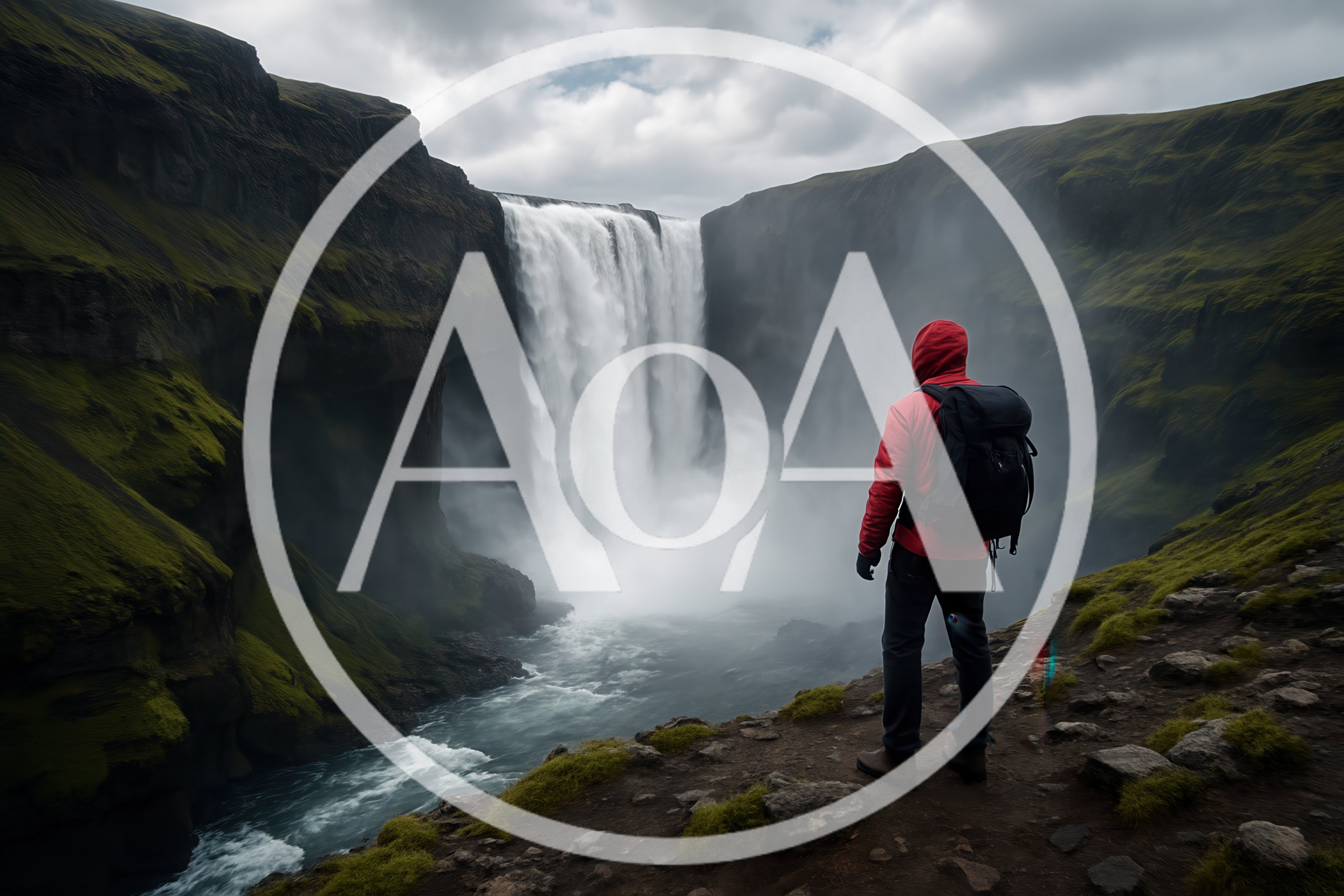 Hiker Standing Before Skogafoss Waterfall in Iceland