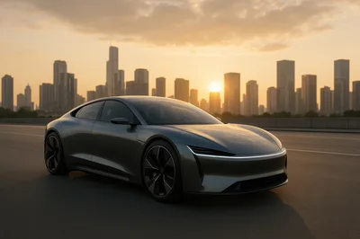 Modern Electric Sedan Driving On City Highway At Sunset