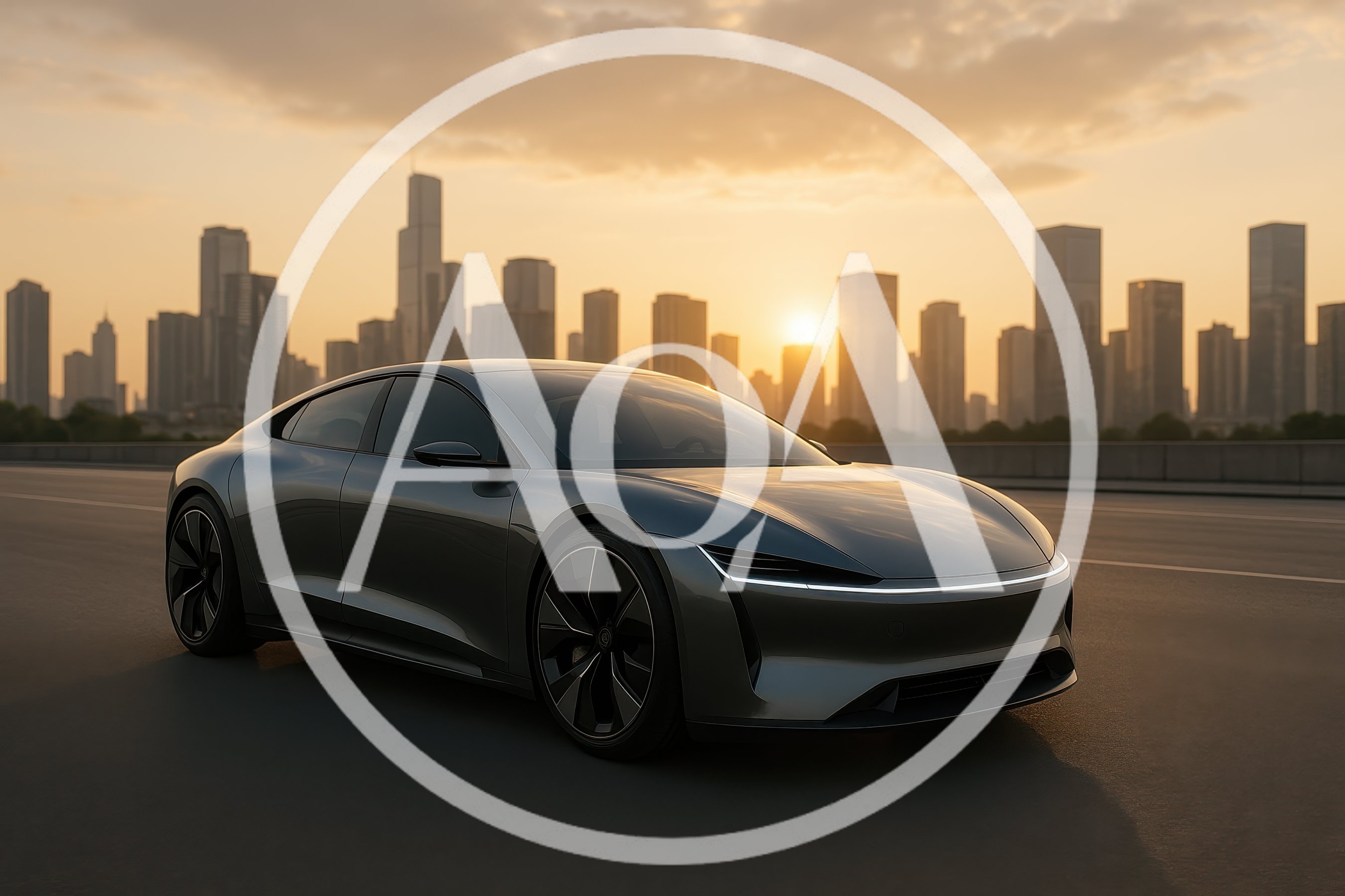 Modern Electric Sedan Driving On City Highway At Sunset