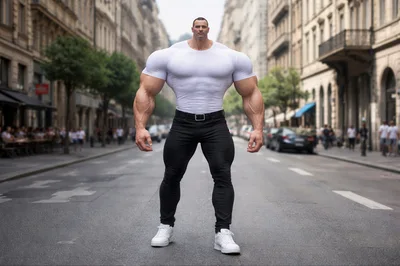 Hyper Muscular Man Standing In City Street