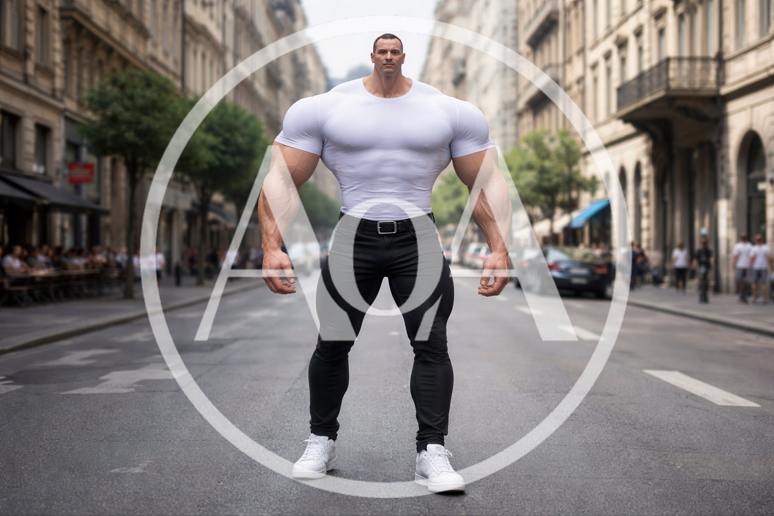 Hyper Muscular Man Standing In City Street