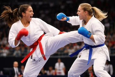 Female Karate Athletes Competing In A Professional Match