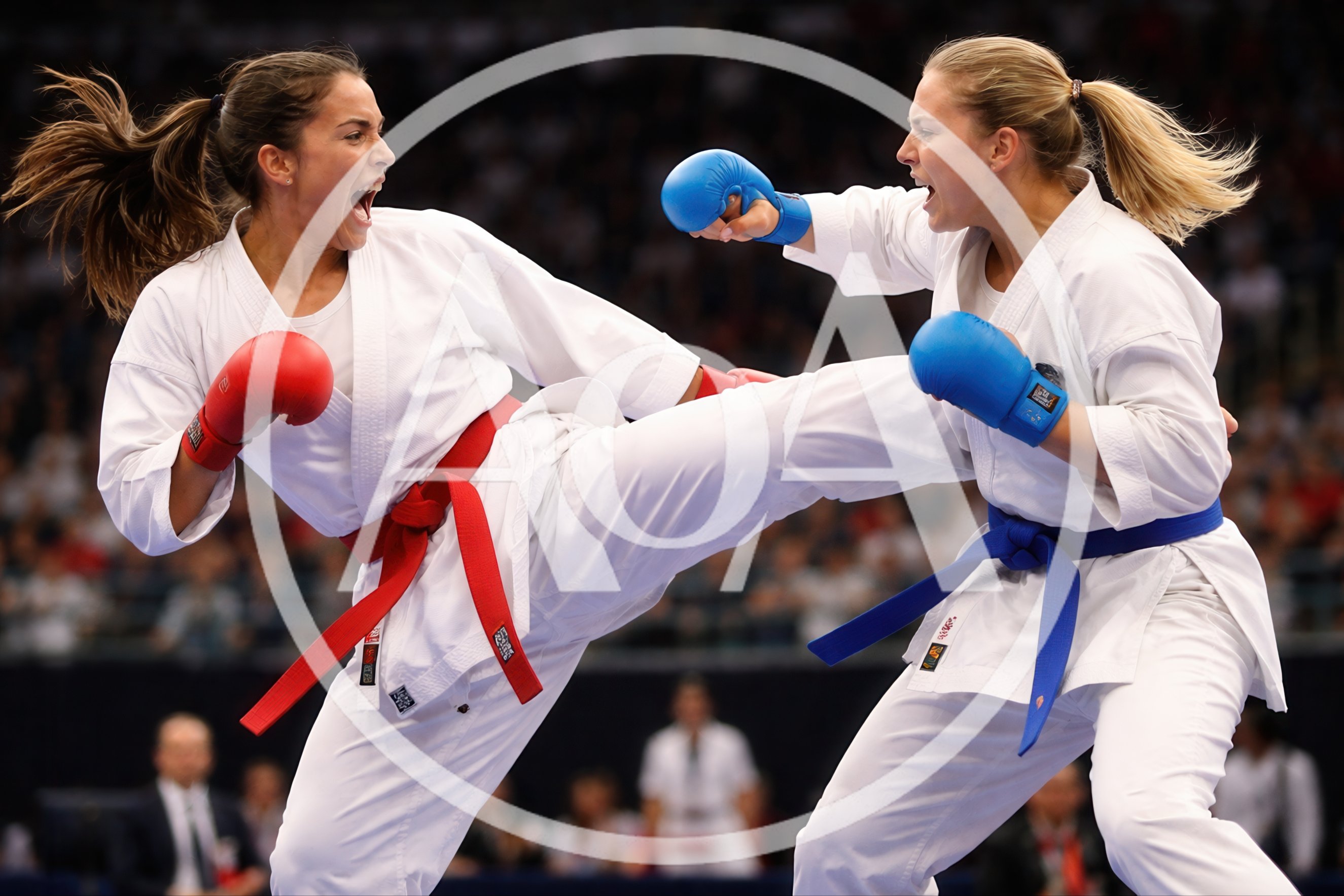 Female Karate Athletes Competing In A Professional Match