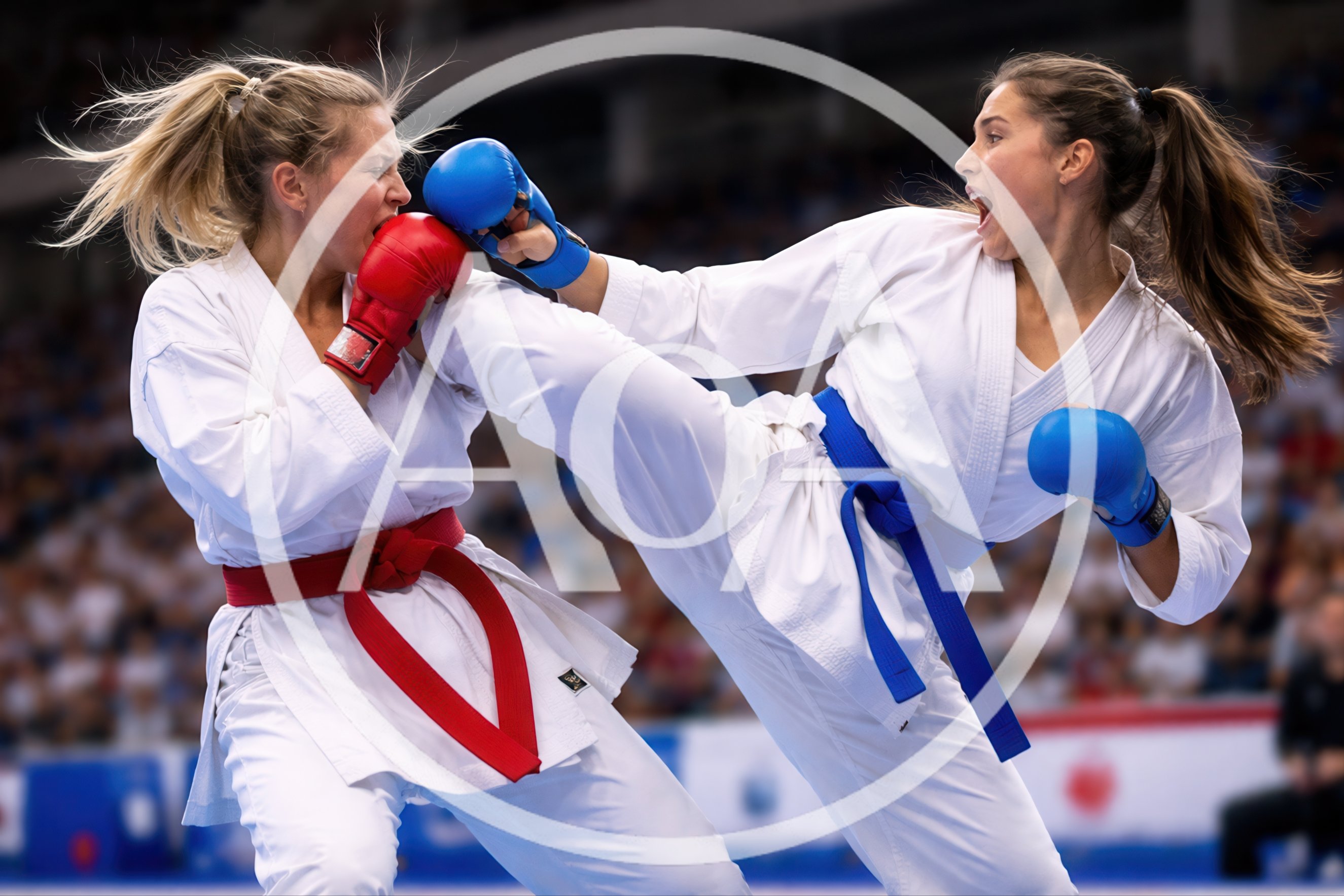 Female Karate Athletes Competing In A Kumite Match