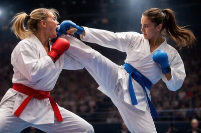 Female Karate Fighters Sparring In A Professional Arena