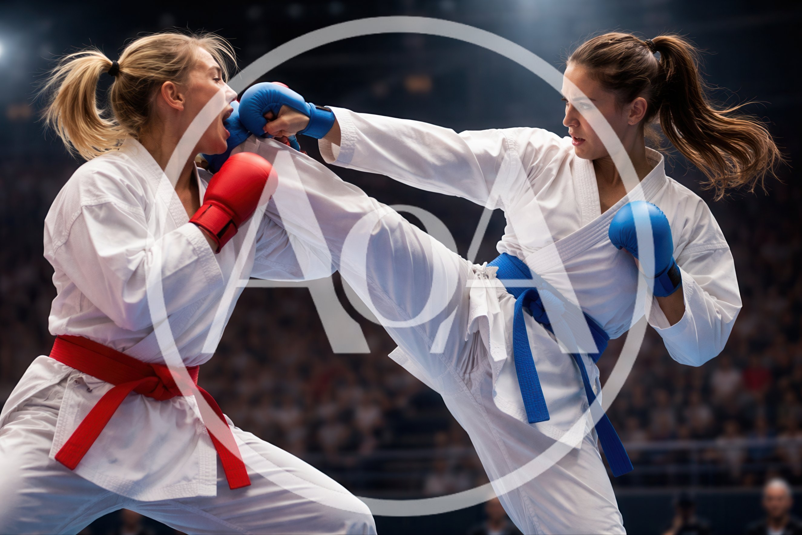 Female Karate Fighters Sparring In A Professional Arena
