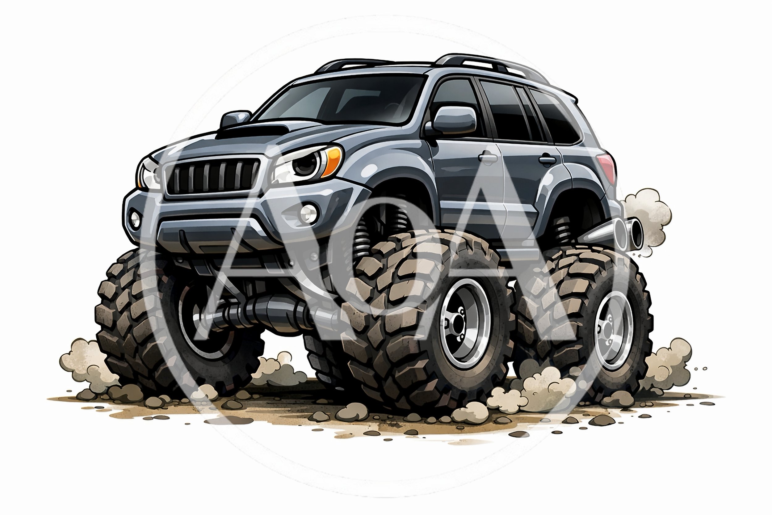 Cartoon Illustration Of A Grey Monster Truck