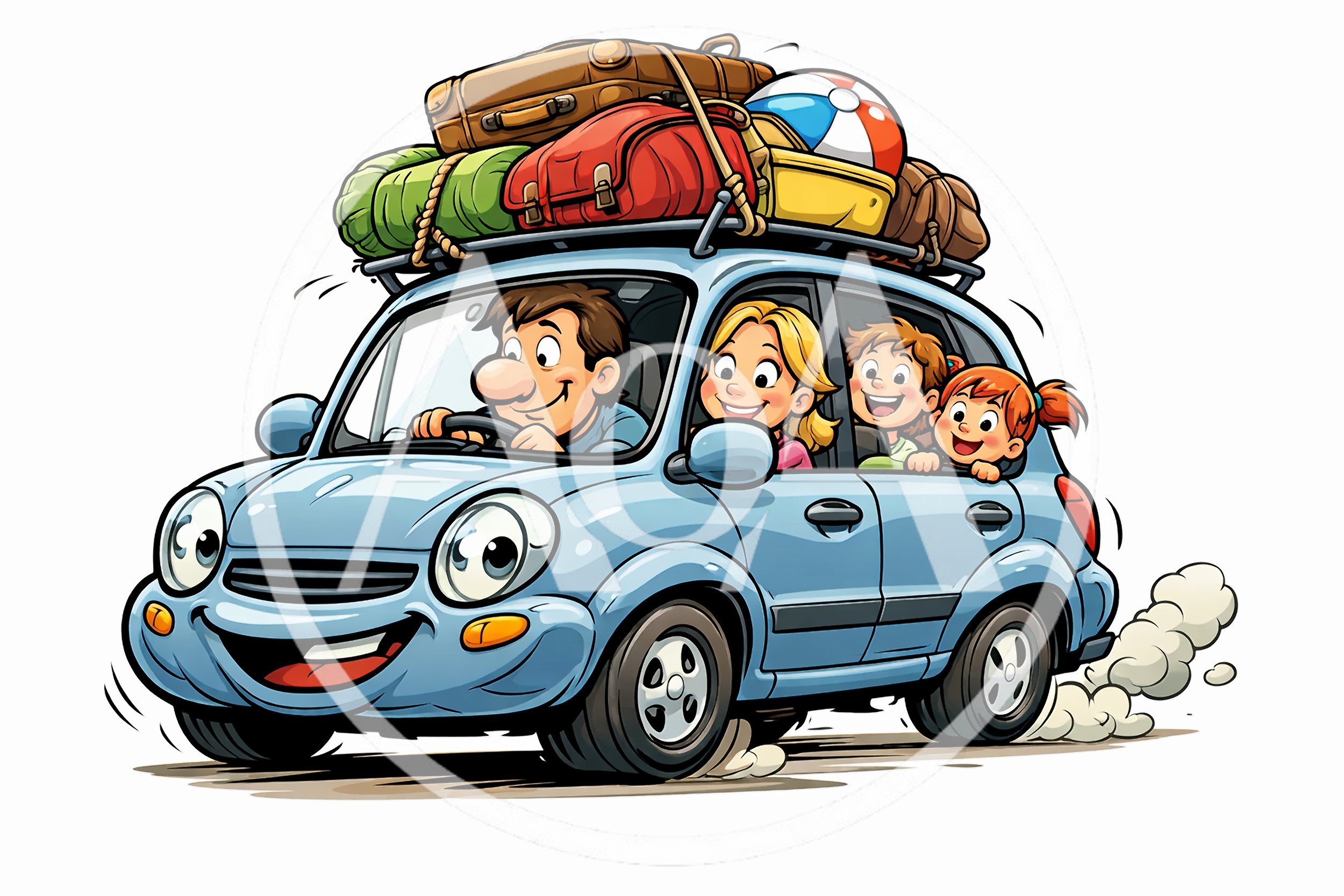 Cartoon Family Traveling In A Packed Blue Car