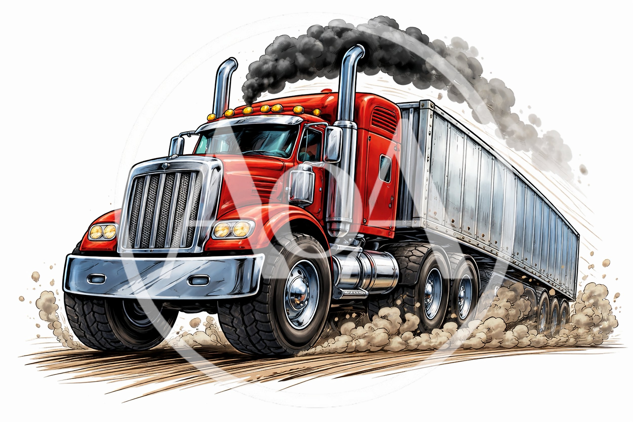 Red Semi Truck Driving Through Dust