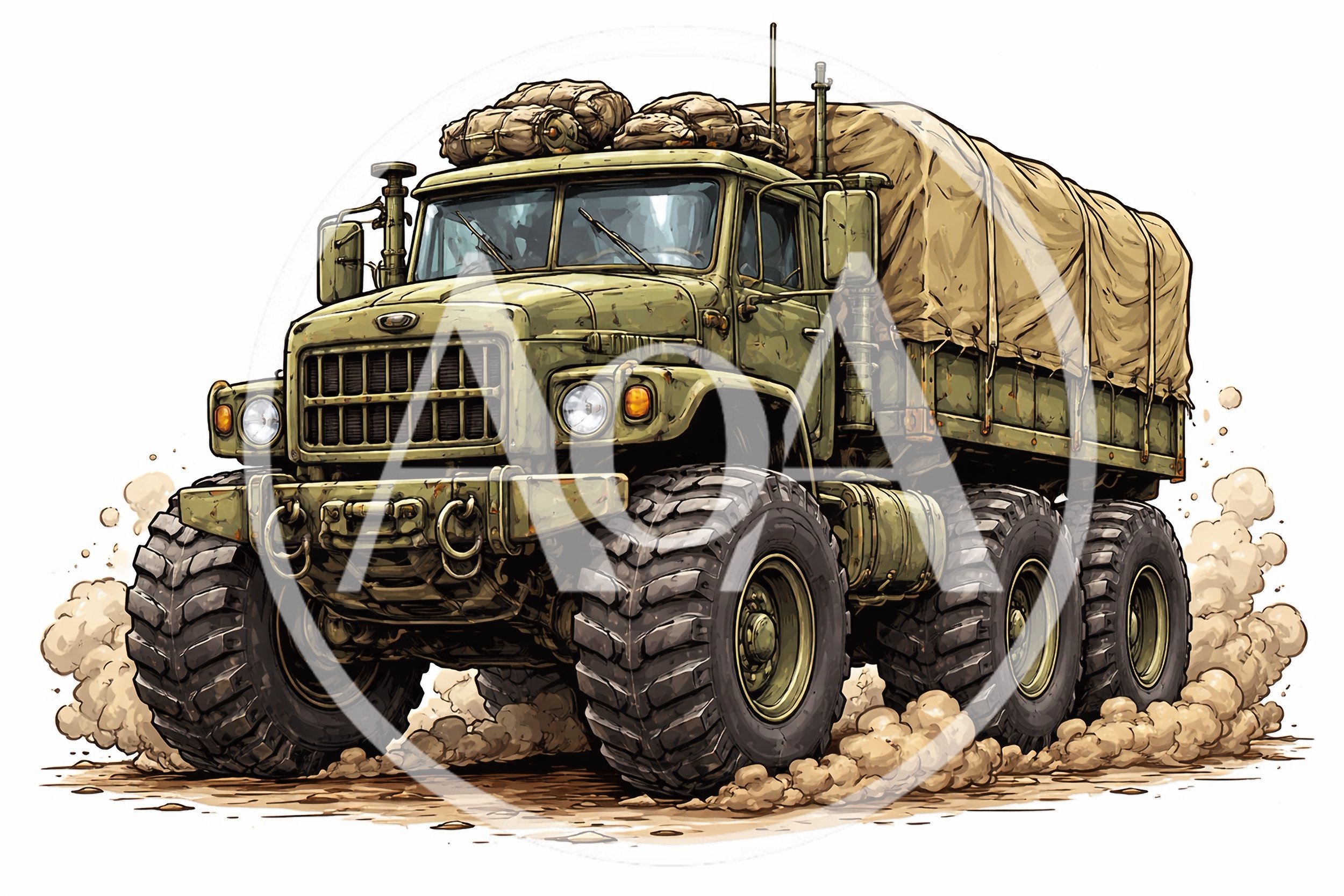 Military Cargo Truck Driving Through Dust