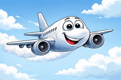 Cartoon Airplane Flying Through Blue Sky