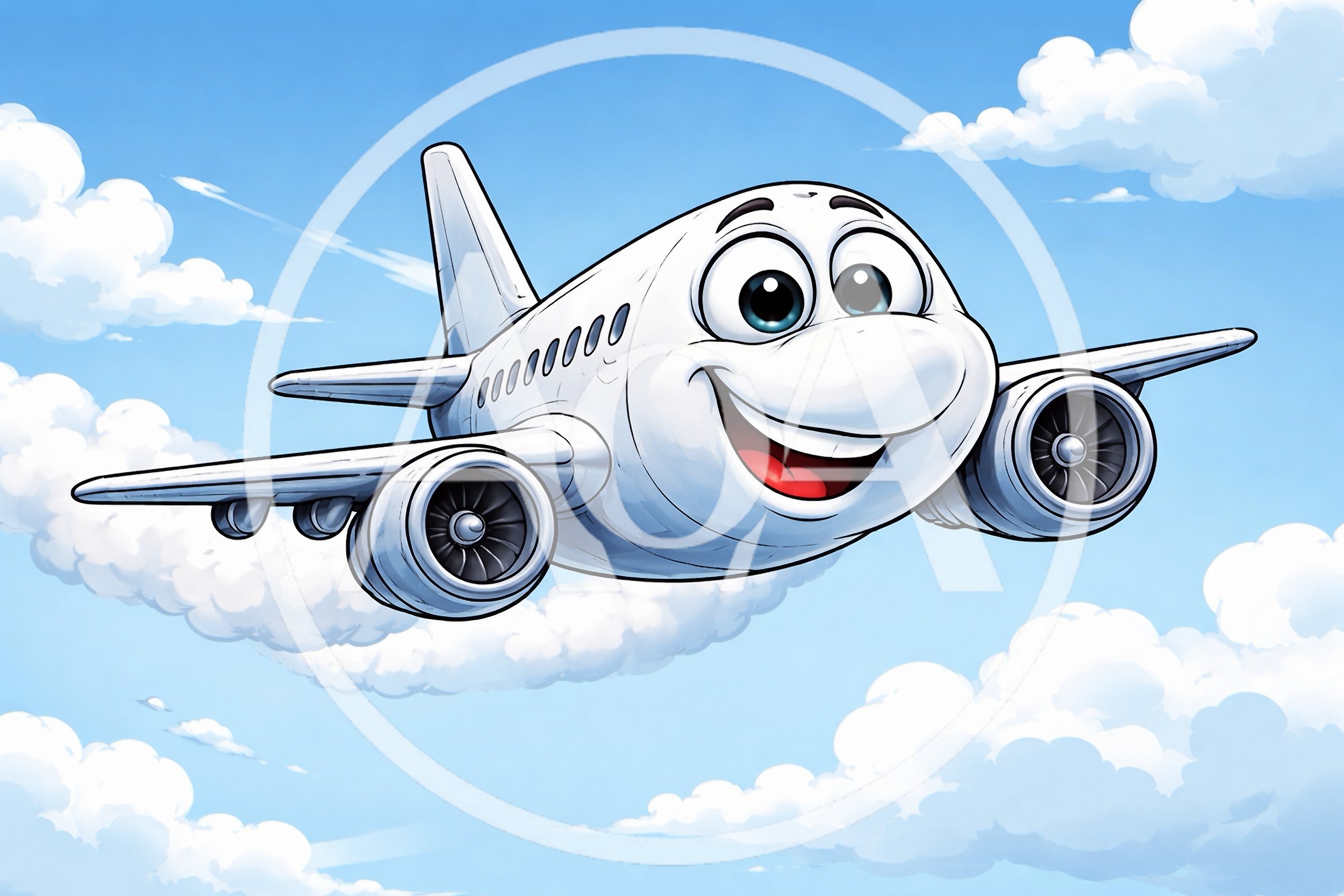Cartoon Airplane Flying Through Blue Sky