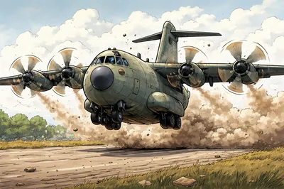 Military Transport Aircraft Taking Off From Dirt Runway