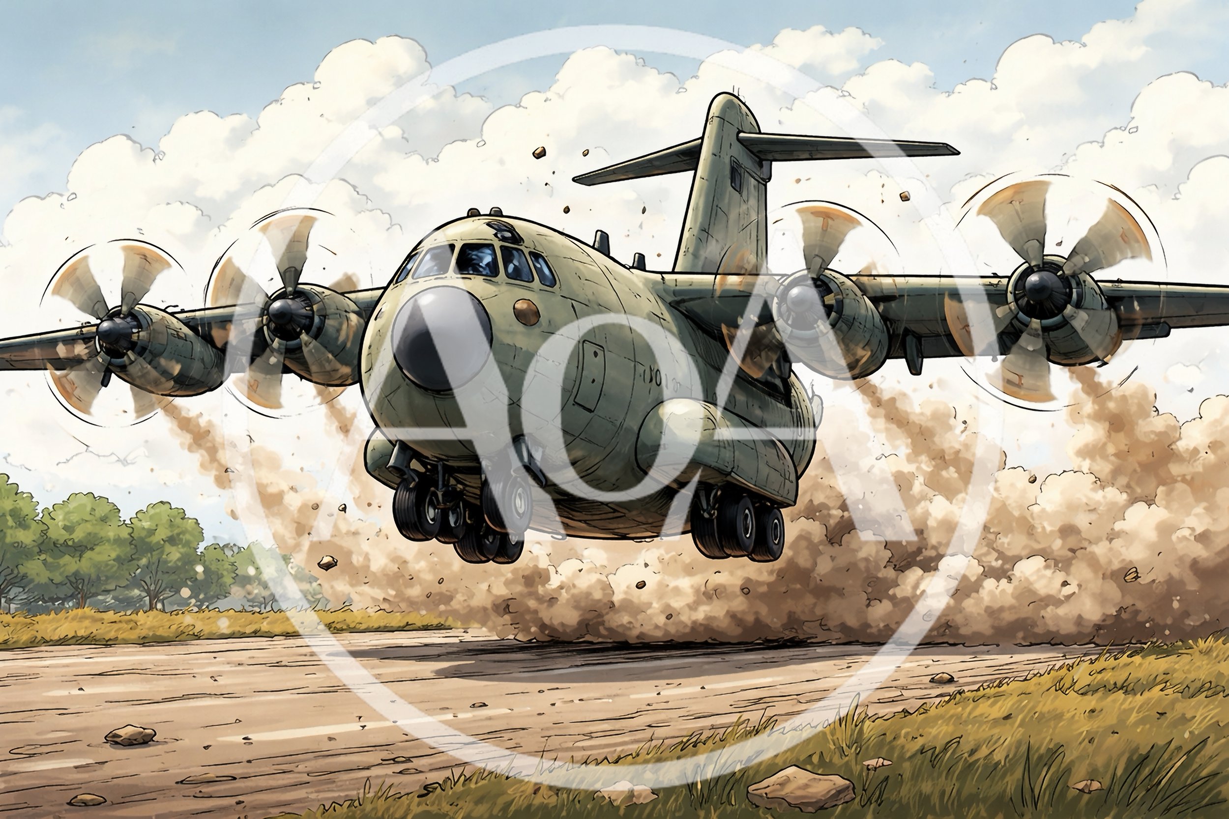 Military Transport Aircraft Taking Off From Dirt Runway
