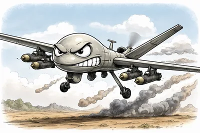 Cartoon Illustration Of An Angry Armed Military Drone