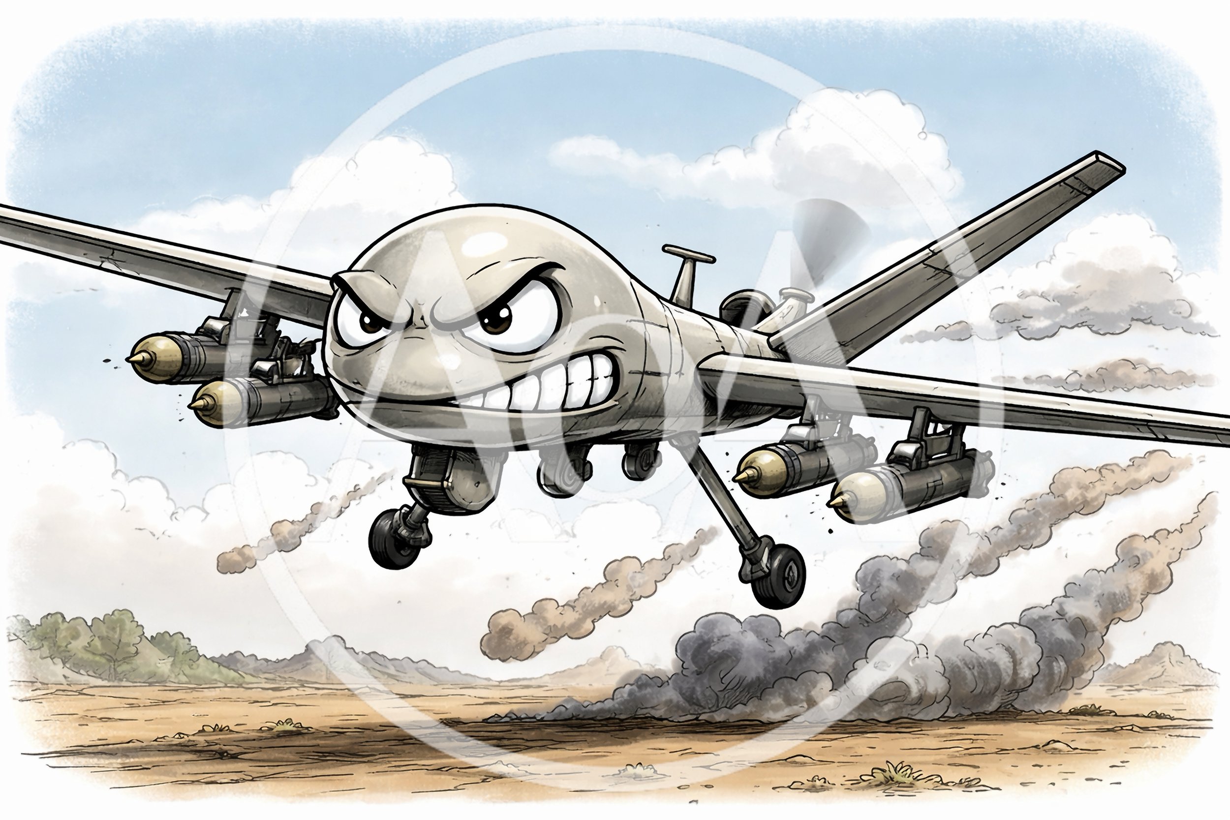 Cartoon Illustration Of An Angry Armed Military Drone