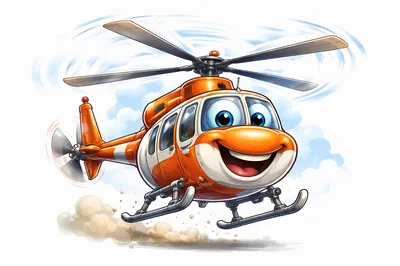 Cartoon Orange Helicopter Flying With A Happy Face