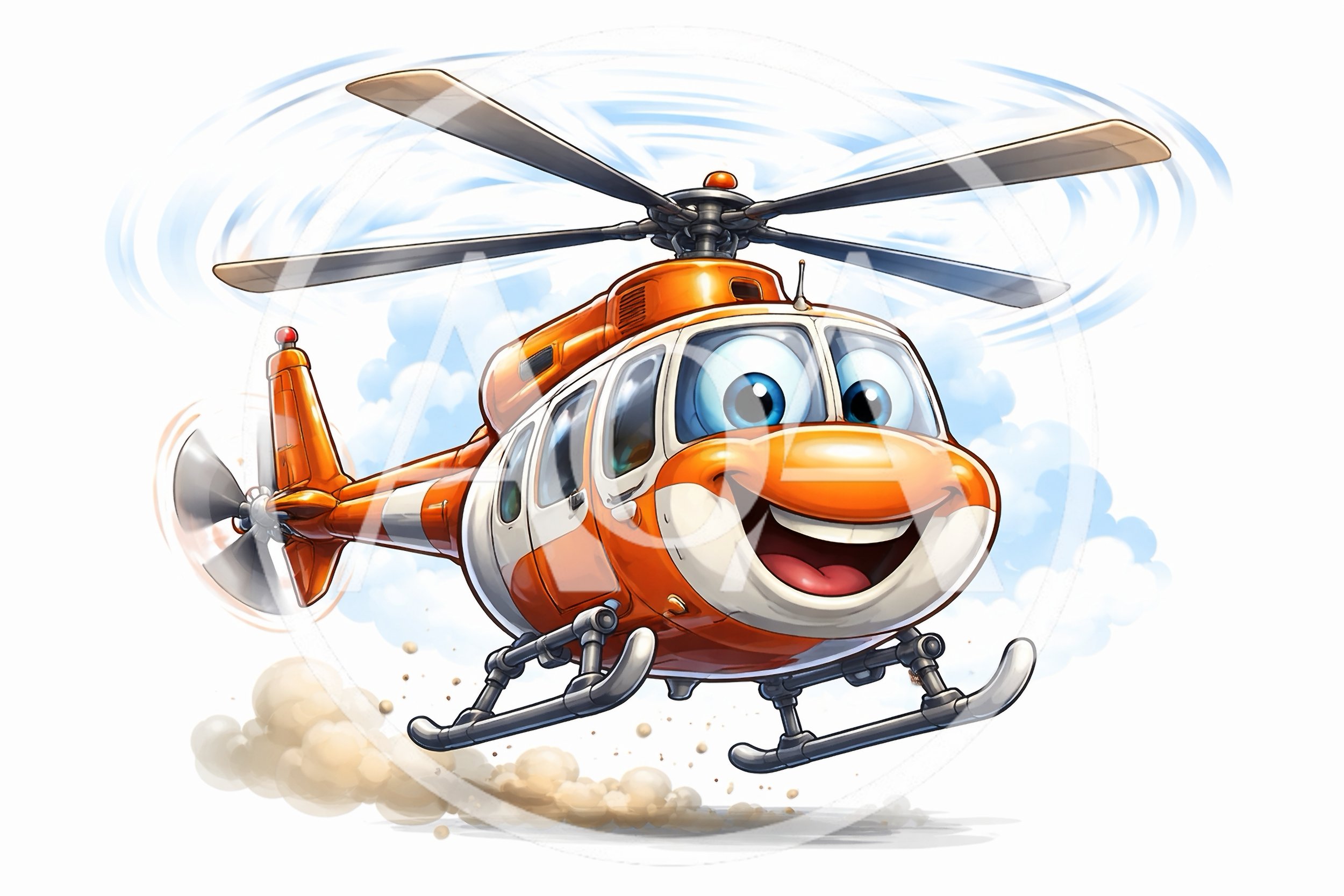 Cartoon Orange Helicopter Flying With A Happy Face