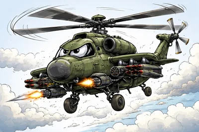 Cartoon Military Attack Helicopter Flying Through Clouds