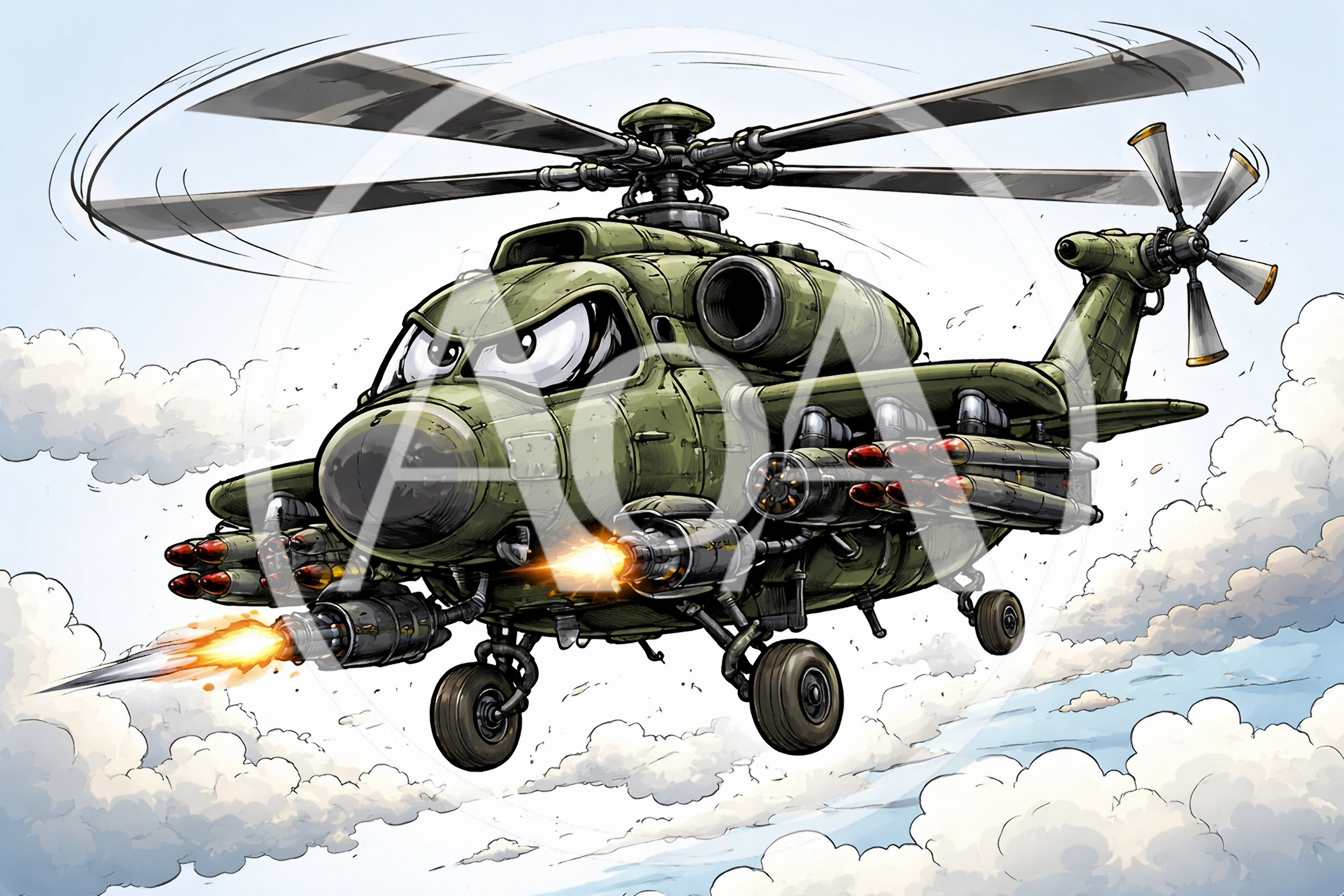 Cartoon Military Attack Helicopter Flying Through Clouds