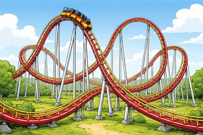 Roller Coaster Train Descending A Steep Track