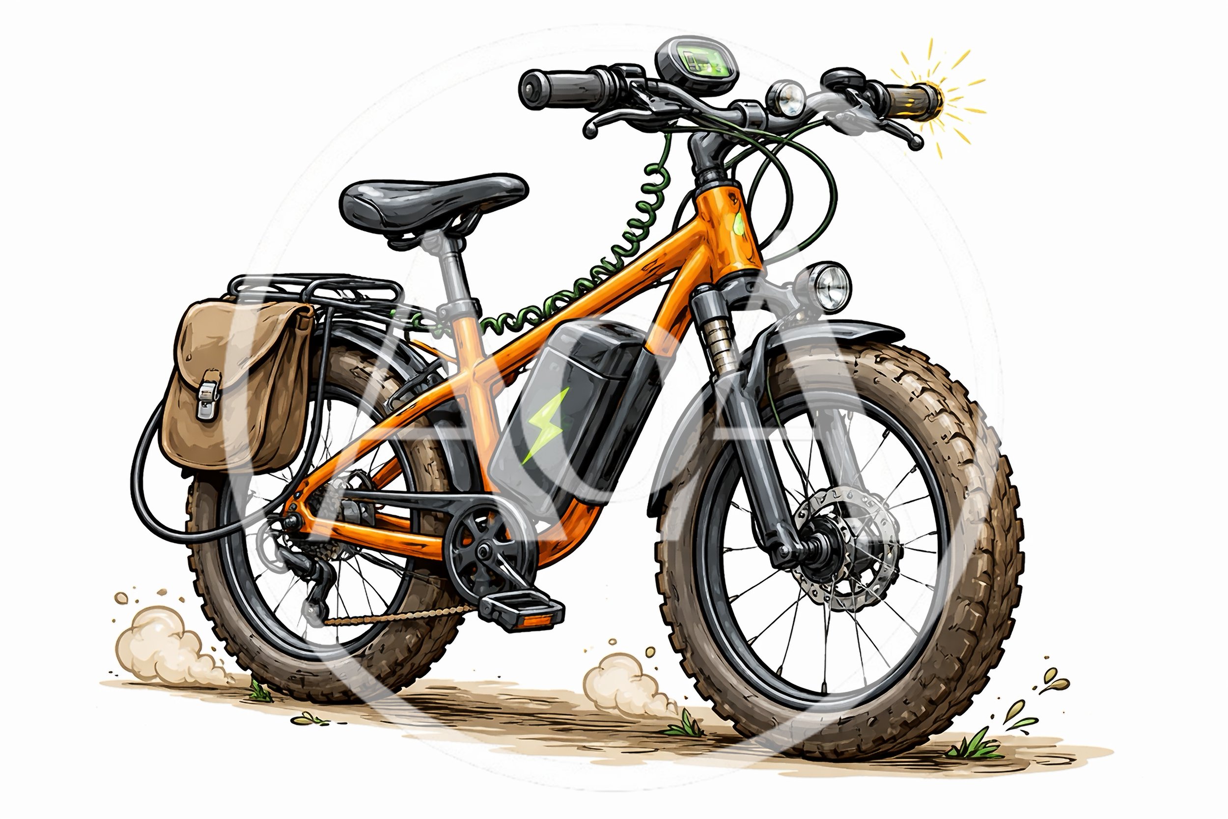Orange Electric Mountain Bike With Saddlebag