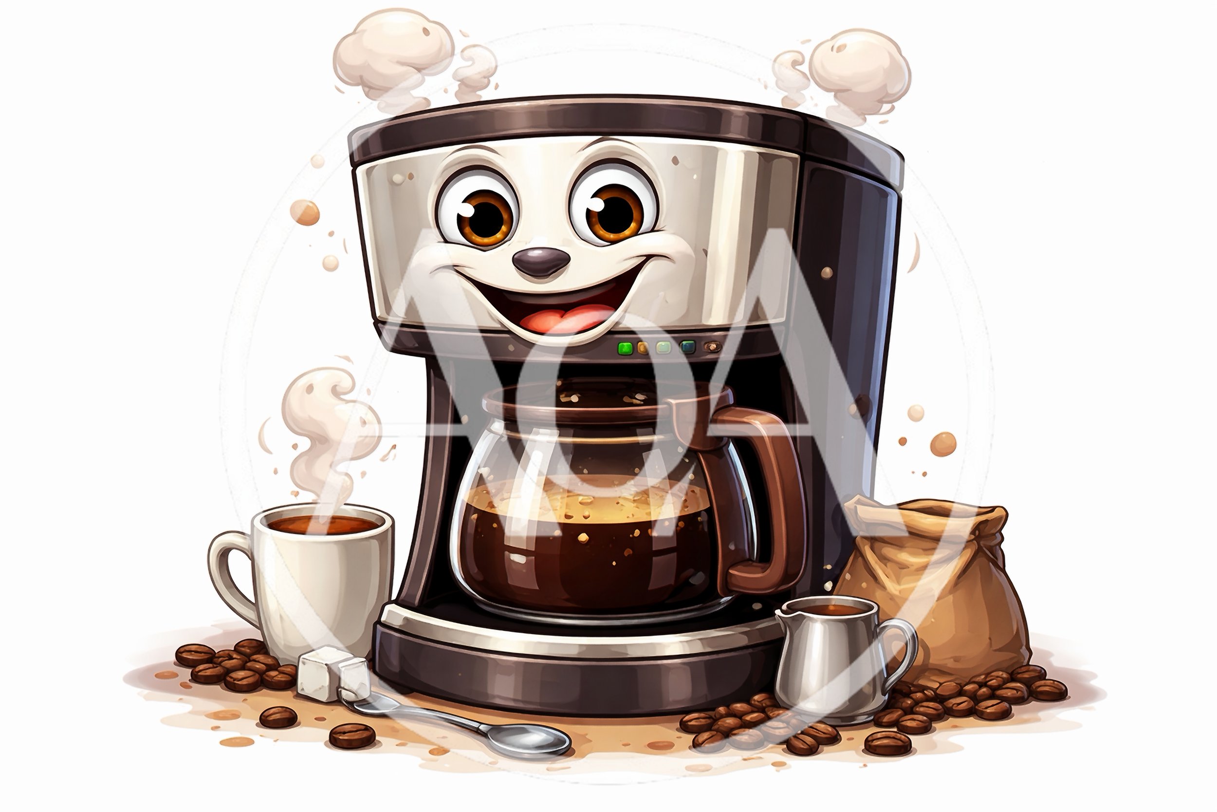 Cartoon Coffee Maker Character With Coffee Accessories